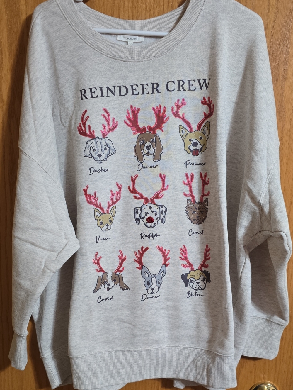 Maurices Light Gray Crewneck Sweatshirt with Reindeer Dog Graphic